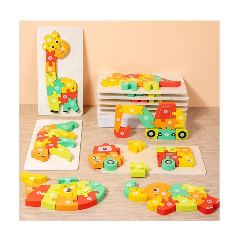 Montessori Number Cartoon Dinosaur Animal Car Jigsaw Puzzle Board 3D