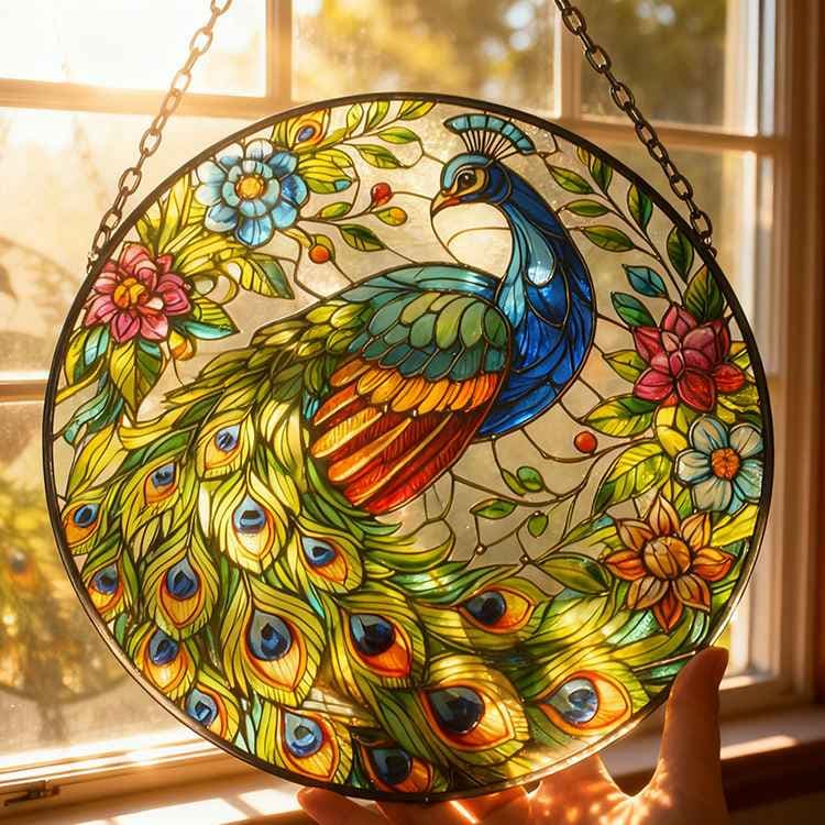 Stained Glass Art Deco Peacock Suncatcher Round Glass Panel & Metal Chain Window Hanging Home Decor