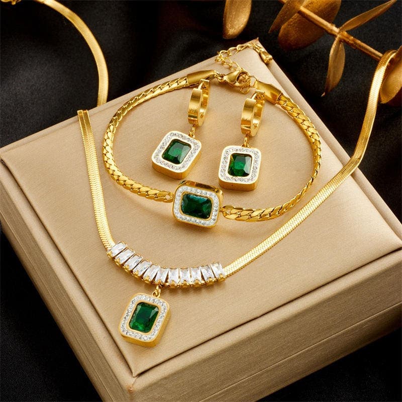 High End Emerald Necklace Set Luxury Geometric Square Zircon Bracelet