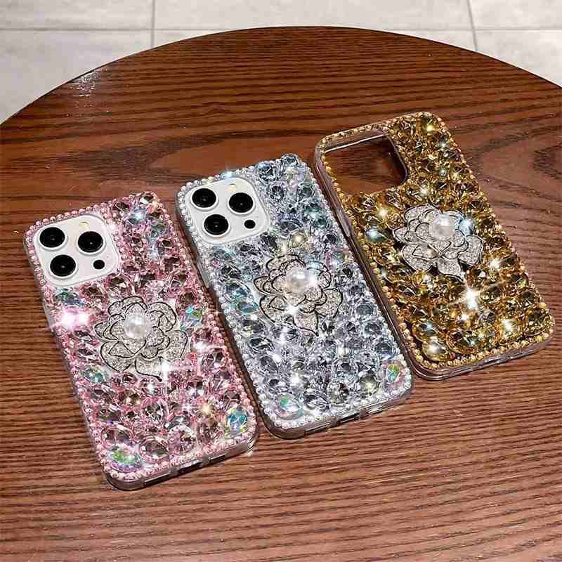 Pearl Flower Diamond PC Womens Phone Case for iPhone 17 14 13 11 16 Pro