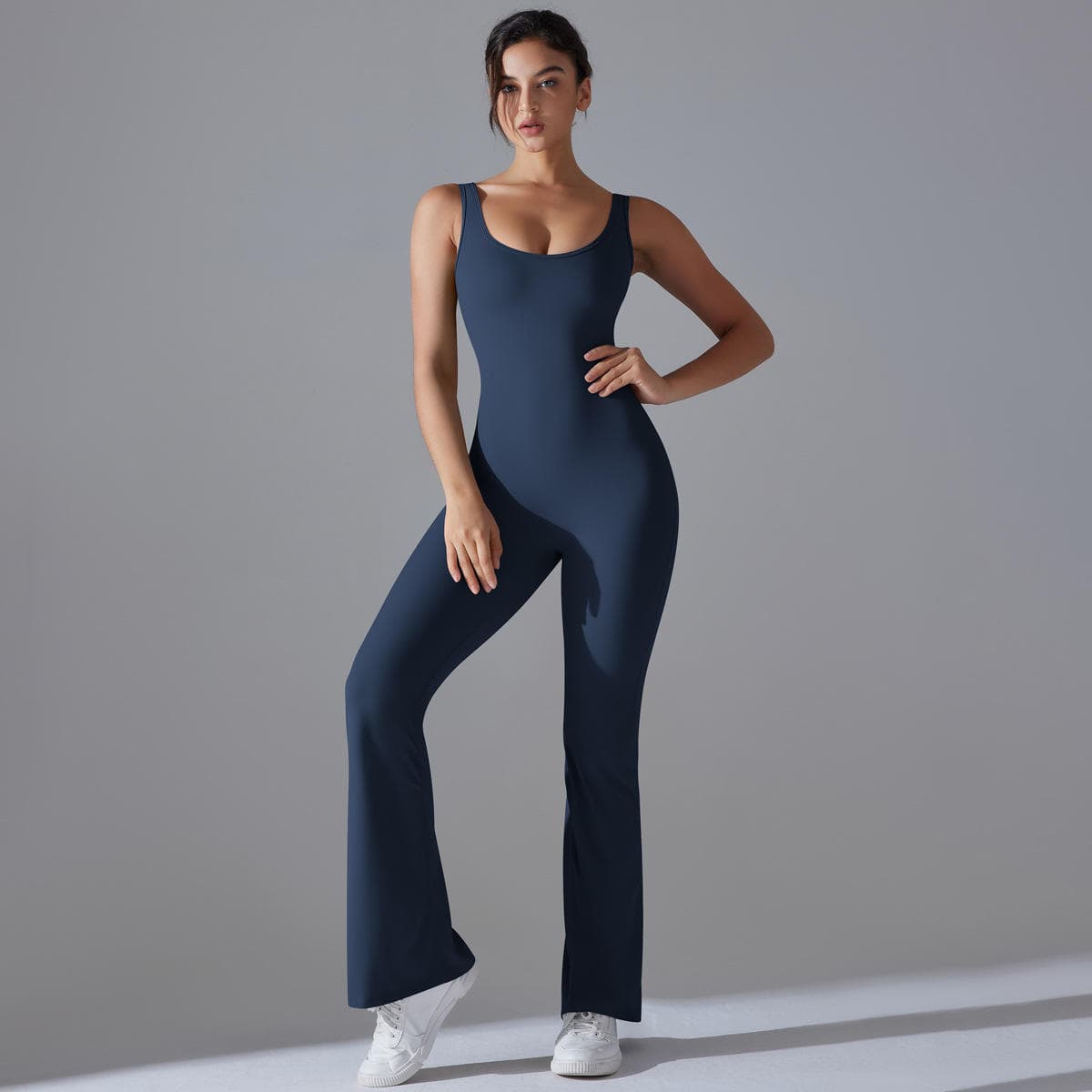 Womens Sports Jumpsuit Solid Color Long Slim-Fit